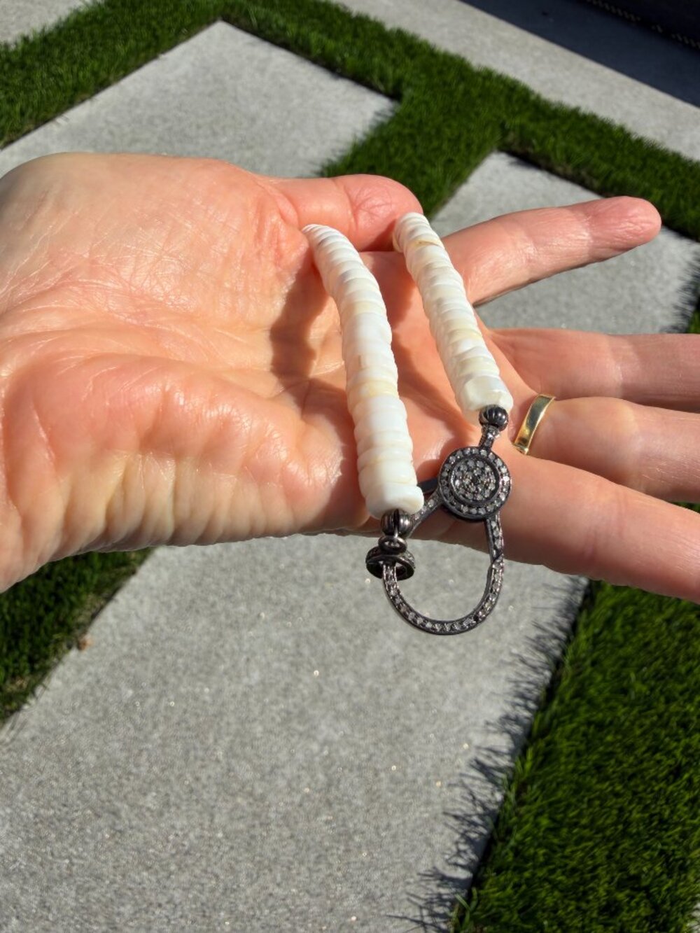 White opal heishi necklace with big sterling silver pave diamond clasp, 18"